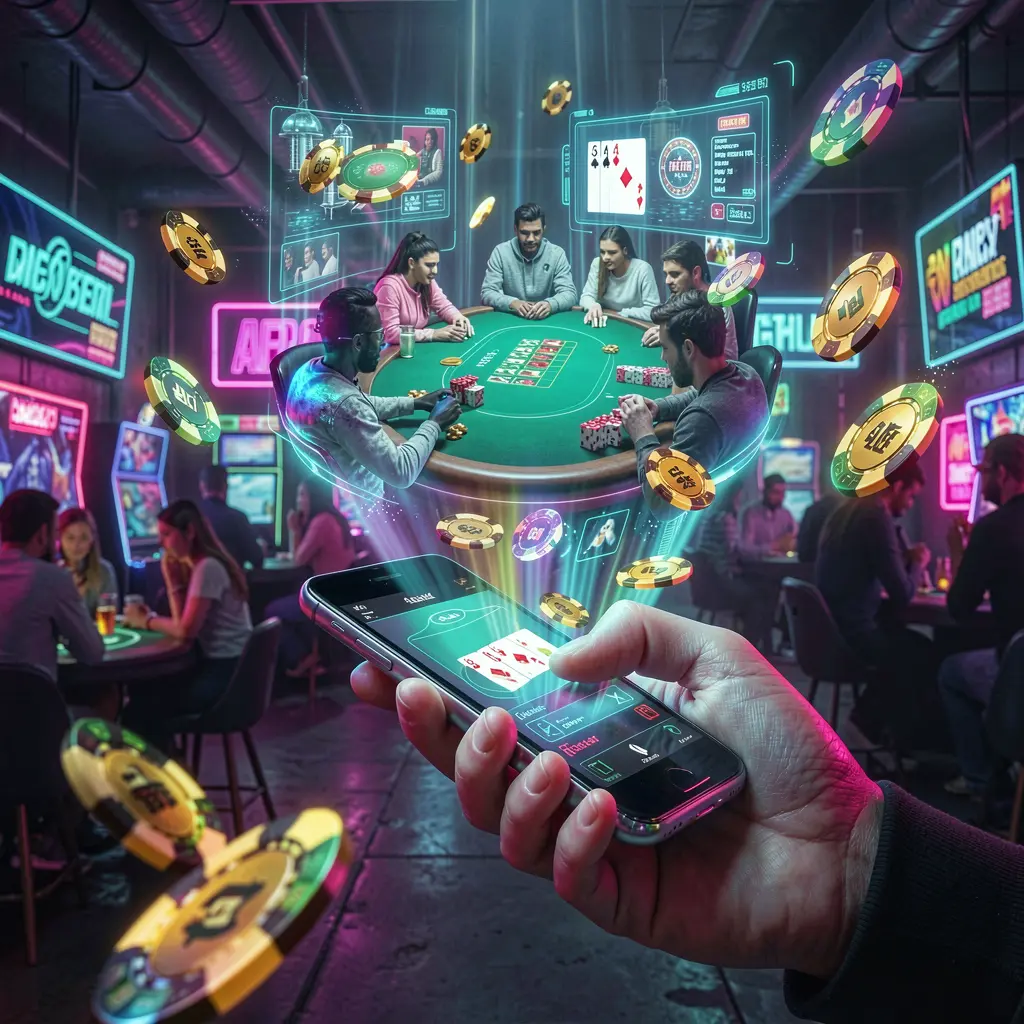 Futuristic casino app projection with glowing chips and digital slot symbols rising from a smartphone showcasing the DIAMOND JL mobile casino in the Philippines