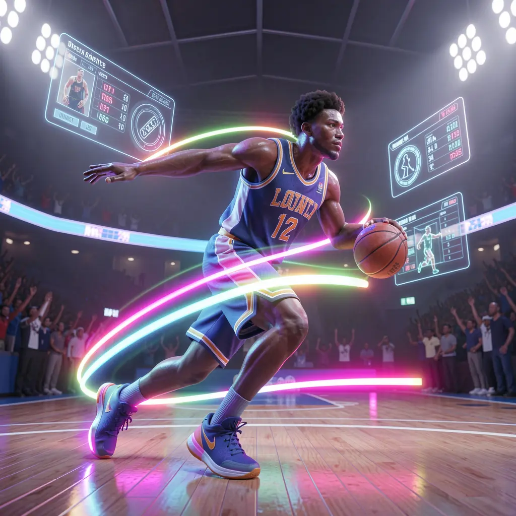 Dynamic digital basketball scene with a glowing player and floating betting cards representing advanced sports betting on DIAMOND JL in the Philippines