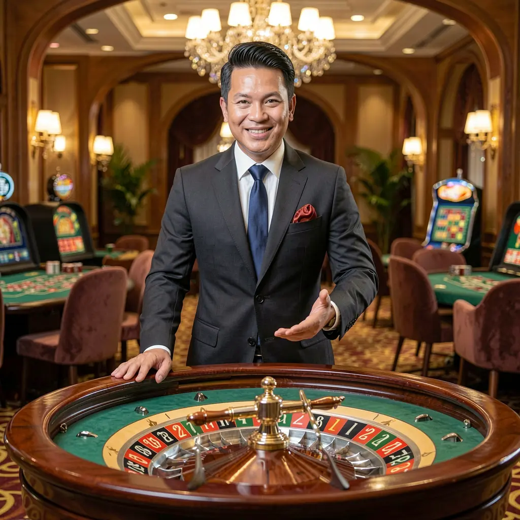 Elegant casino hostess welcoming players at a luxury roulette table with sparkling lights and premium decor on the DIAMOND JL online casino platform for the Philippines