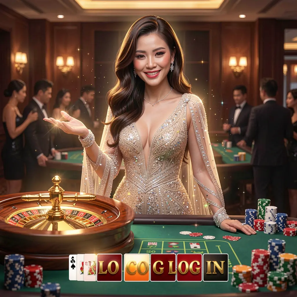 Stylish Filipino casino hostess welcoming players with an inviting gesture surrounded by glowing roulette elements representing the DIAMOND JL login experience in the Philippines